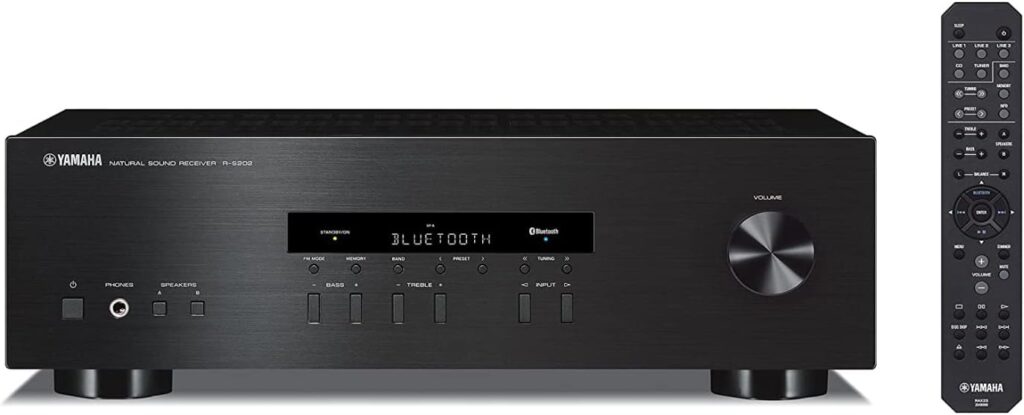 Yamaha Audio 2021 Yamaha R-S202 Stereo Receiver with Built-In Bluetooth Connectivity, Up to 100W Per Channel at 8 Ohms, 4 x RCA-In, 1 x RCA-Out, Front Panel 1/4” Headphone Output (Black) (Renewed)