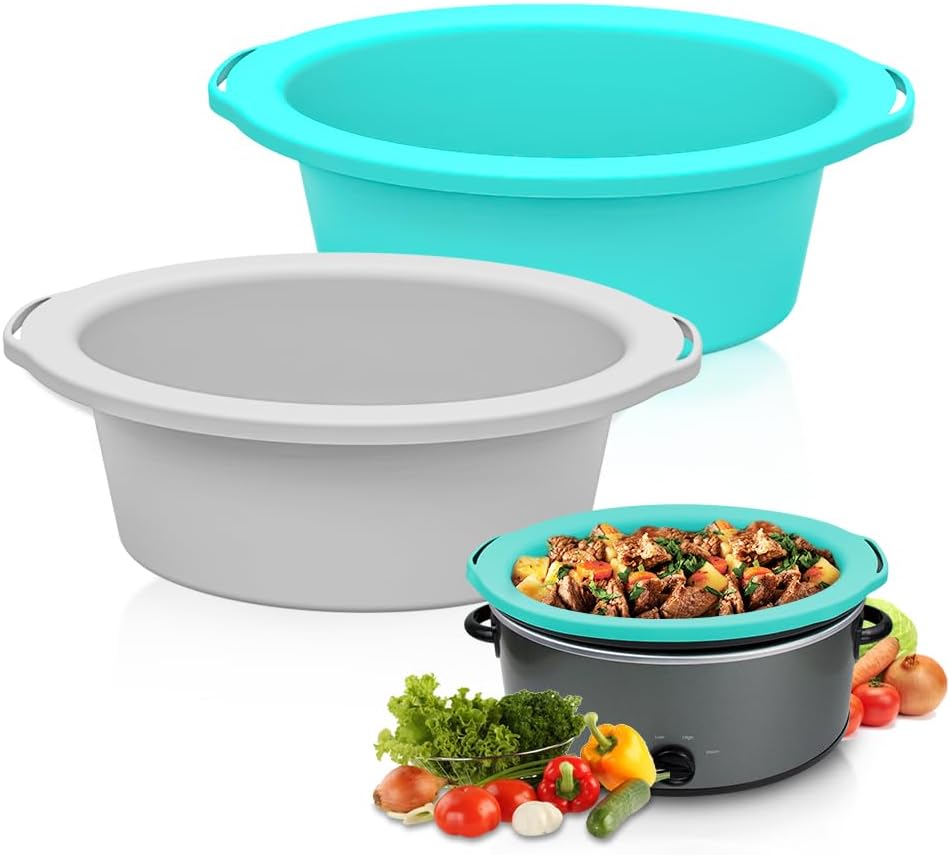 ChefAid Slow Cooker Liners, 100% Silicone Reusable Crock Pot Insert Accessories for 6-8 Oval or Round Quart Slow Cookers, Food Safe & Dishwasher Safe (Grey-Mint)