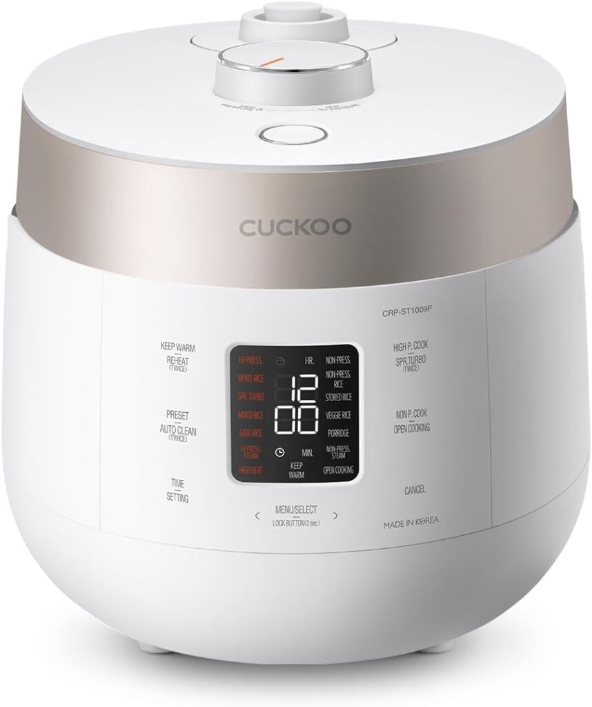 CUCKOO Twin Pressure Rice Cooker 10-Cup Uncooked / 20-Cup Cooked with Nonstick Inner Pot, Large Rice Maker & Warmer with 16 Menu Options, Open Cooking Mode, Voice Guide, White (CRP-ST1009FW)