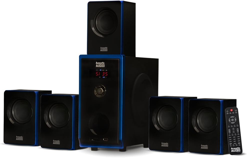 Acoustic Audio AA5102 Bluetooth Powered 5.1 Speaker System Home Theater Surround, Black (AA5102)