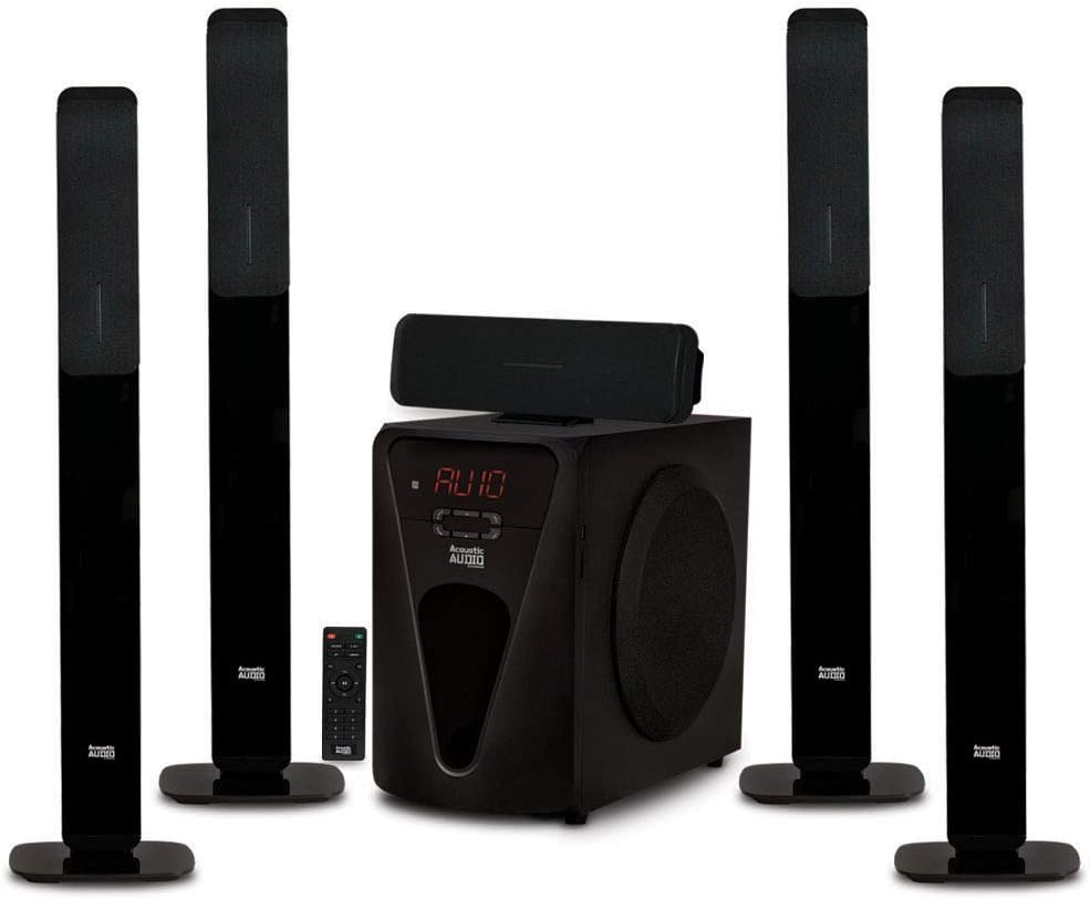 Acoustic Audio AAT5005 Bluetooth Tower 5.1 Home Theater Speaker System with Digital Optical Input and 8″ Powered Subwoofer