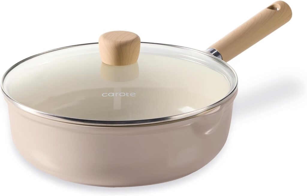 CAROTE Ceramic Nonstick Frying Pan Skillet with Lid, 10″ Deep Frying Pan, 4 QT Saute Pan wilt Lid, Non Stick Chef’s Pan, Non-toxic Healthy, PFOA/PFAS Free, Induction-Compatible, Taupe