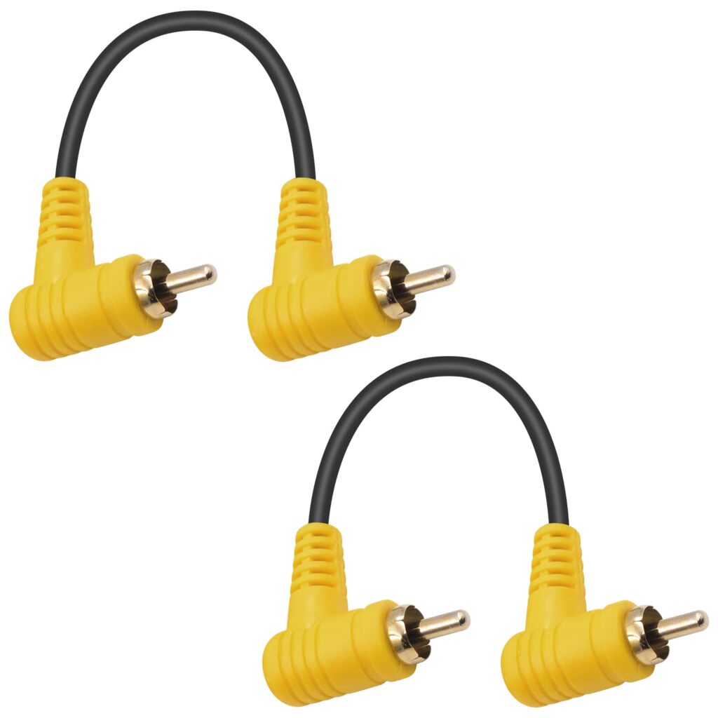 Duttek 90 Degree Short RCA Subwoofer Cable, 2 Pack Dual Right Angle Male RCA Audio Extension Cable with 24K Gold-Plated Port for Home Theater, Sound Bar, HDTV and DVD 4.7in/12cm