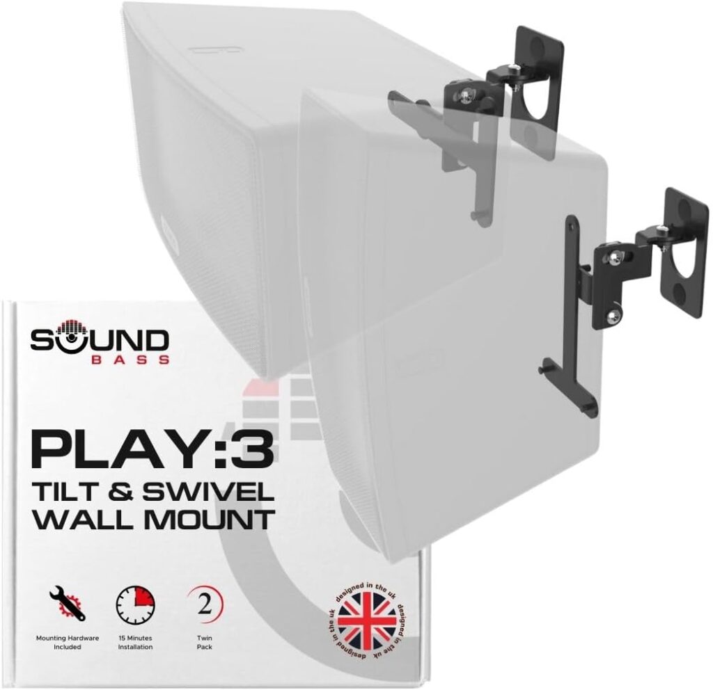 Sound Bass Play 3 Wall Mount Black Pair, Compatible with Sonos Play:3 Only, Twin Pack, Adjustable Swivel & Tilt Mechanism, 2 Mounting Brackets Includes All Fixings