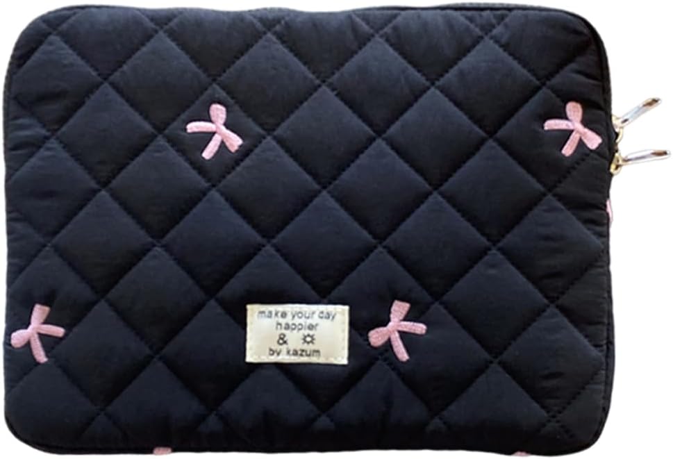 Puffy Laptop Sleeve Case Cute Quilted Computer Bag, 13 Inch Bow Embroidery Printed Laptop Carrying Cases, Coquette Aesthetics Protective Cover, Compatible with 11″ 13″ 15″ Notebook