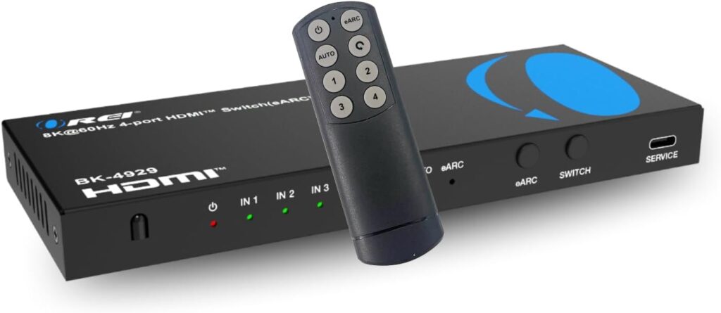 OREI 4-Port eARC 8K Audio Extractor 4×1 Switch for Monitors TVs, Extract Dolby Atmos to Convert Sound bar 4K @ 120hz 18G ARC HDCP 2.3 Perfect for 8K Displays, CEC, Remote Control Works for Sonos Bose