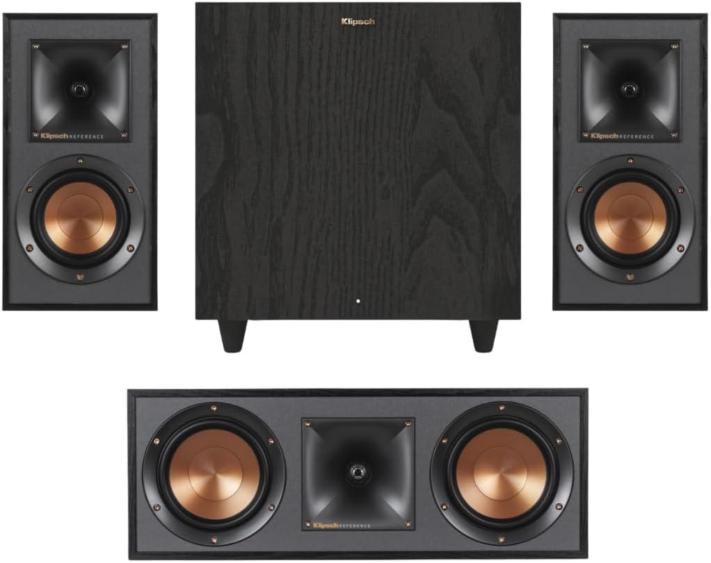 Klipsch Home Theater Bundle: R-41M Bookshelf Speakers, R-80SWi Wireless Subwoofer, R-52C Center Channel Speaker – Powerful 3.1 System