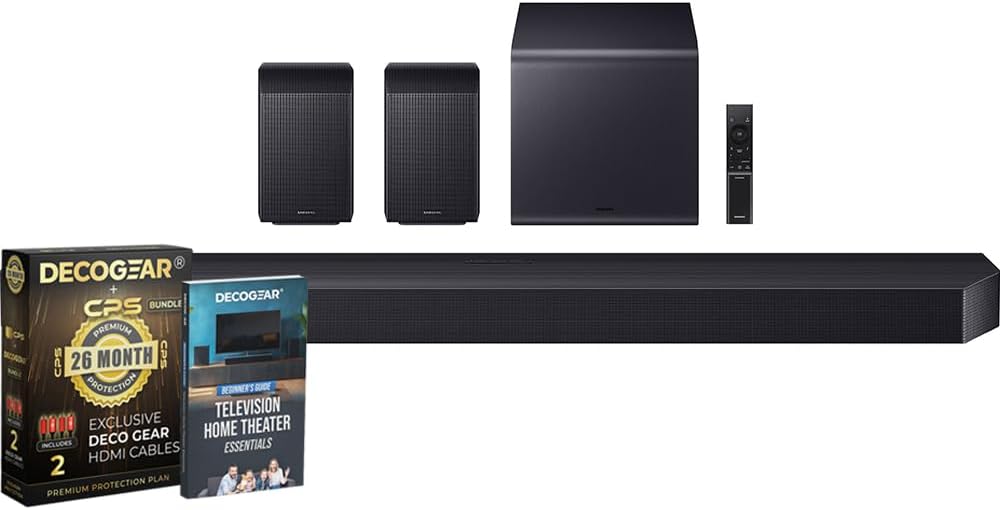 Samsung Q Series Soundbar HW-Q990F 11.1.4 ch Subwoofer + Rear Speaker (2025) Q-Symphony Bundle with CPS Exclusive 26 Month Protection Pack & Deco Gear Complete Home Theater Beginner’s Guidebook