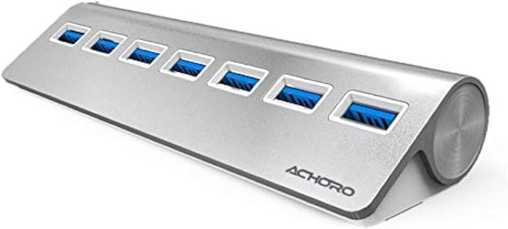 Achoro 7 Ports USB 3.0 Hub – Triangle Aluminum Alloy – High-Speed USB Port Expander – Compatible with PC, iMac, MacBook, Windows, Desktop, and More – Computer Multiple USB HUB (Silver)