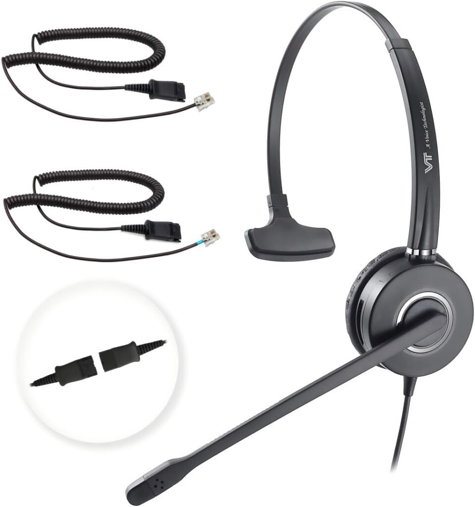 VT Telephone-Headset Microphone Noise-Cancelling Headphone QD – Quick Disconnect Call Center Headset with RJ09 Cables Compatible with Polycom,Yealink,Grandstream,Snom,Fanvil,Mitel Phones (Mono)