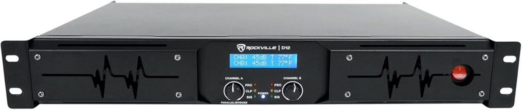 Rockville D12 5000W Peak/1400W RMS 2-Channel Class D Amplifier, LCD Display, Crossover Switch, Rack-Mountable, 4/8 Ohm Power Output, for DJs and Live Sound