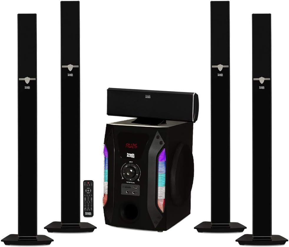 Acoustic Audio AAT1003 Bluetooth Tower 5.1 Home Theater Speaker System with 8″ Powered Subwoofer