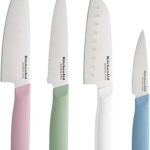 KitchenAid 4-Piece Chef Knife Set with Blade Covers 6-Inch Chef Knife, 5-Inch Santoku, 5.5-Inch Serrated Utility, 3.5-Inch Paring High-Carbon Japanese Steel, Assorted Colors