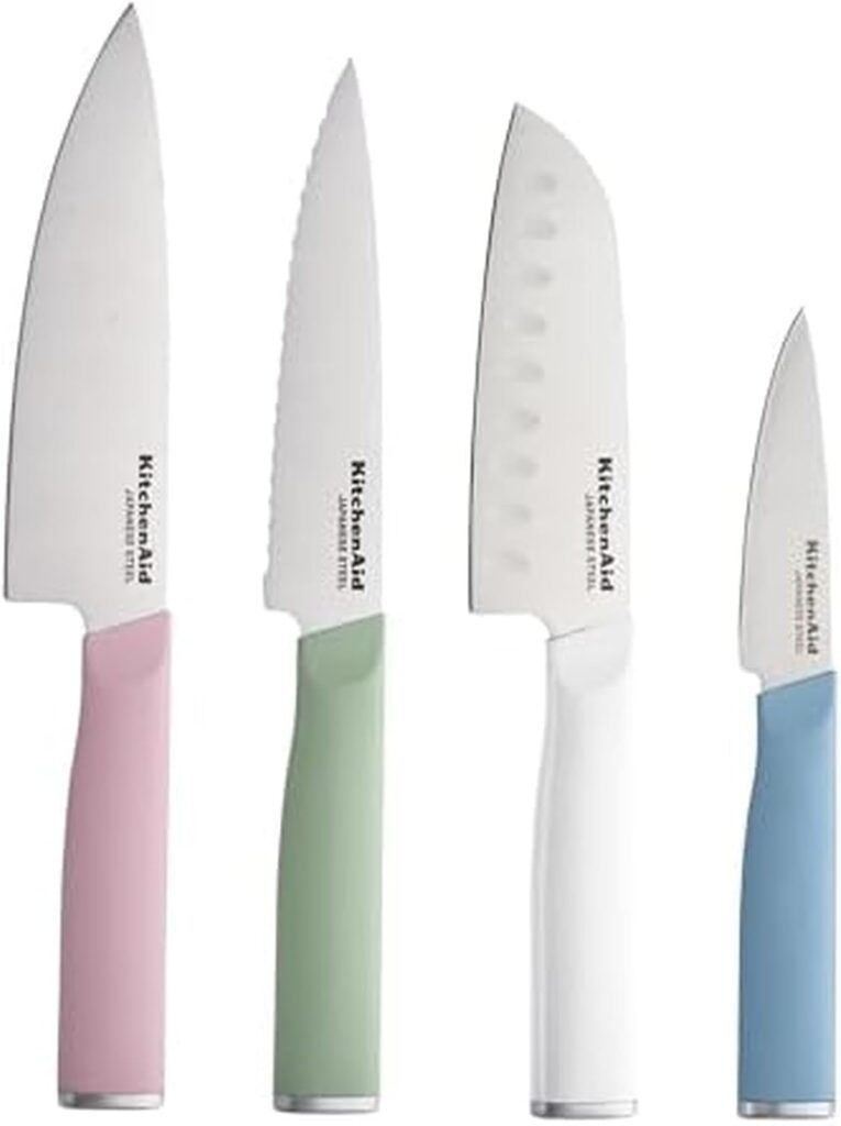 KitchenAid 4-Piece Chef Knife Set with Blade Covers 6-Inch Chef Knife, 5-Inch Santoku, 5.5-Inch Serrated Utility, 3.5-Inch Paring High-Carbon Japanese Steel, Assorted Colors