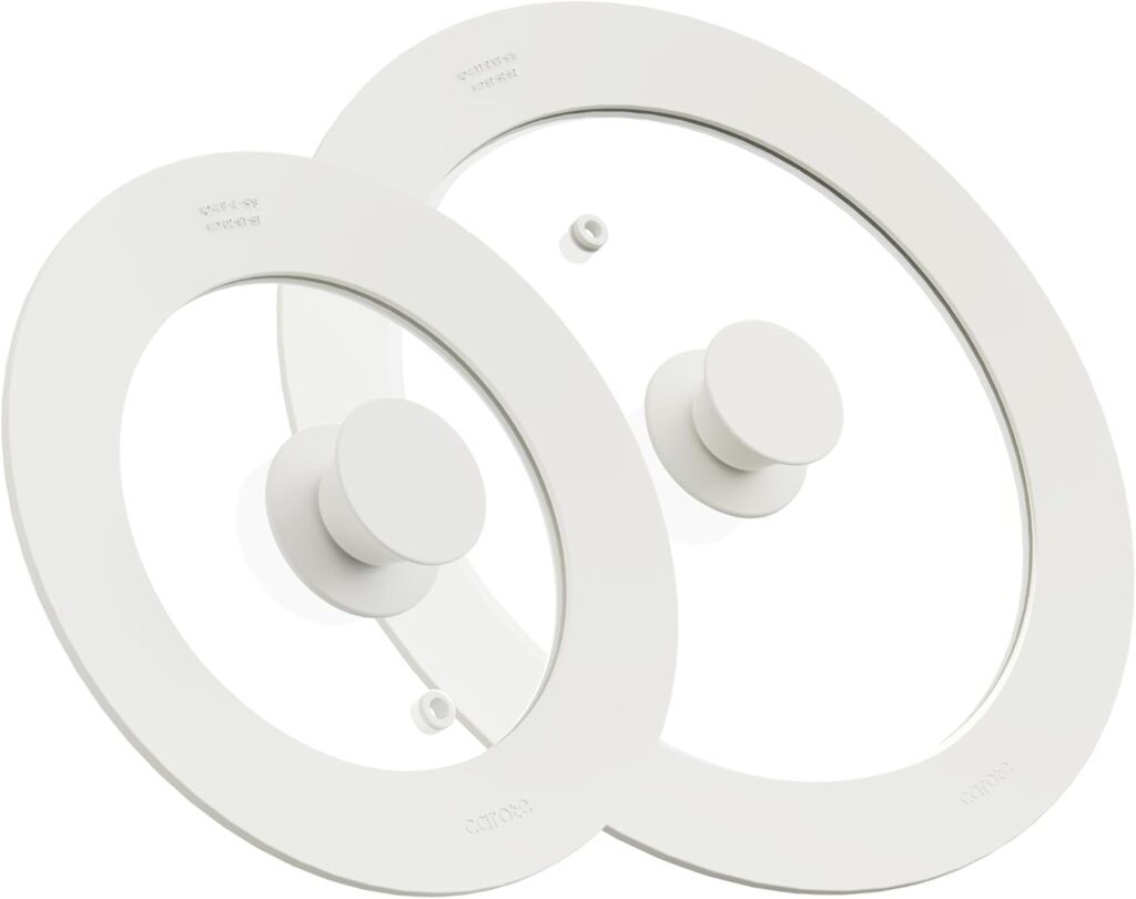 CAROTE 2 PCS Universal Silicone Lid for Pots, Pans and Skillets, Pot Lid fit 6″, 7″ 8″ & 9.5″, 10″, 11″ Diameter Cookware, Pan Cover With Heat Resistant Silicone Rim and Tempered Glass, White