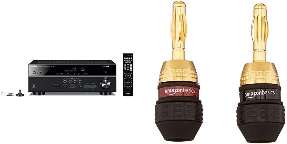 Yamaha RX-V385 5.1-Channel 4K Ultra HD AV Receiver with Bluetooth & AmazonBasics Speaker Connector Banana Plugs – 6 Pairs