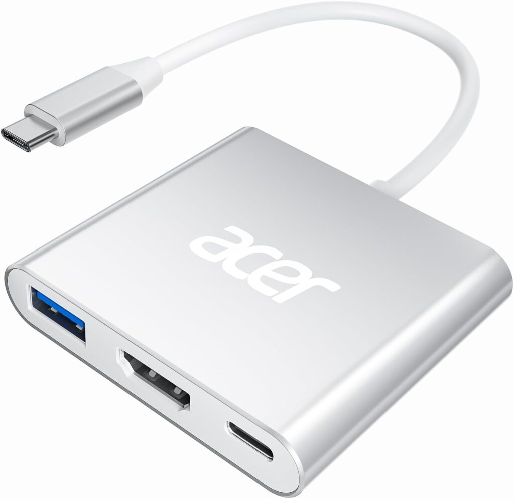 Acer USB C to HDMI Adapter, 4K USB C Hub with 100W PD, USBA 3.0 Port, HDMI to USBC Multiport Digital AV Converter for MacBook Pro/Air, iPad, Tablets, Switch, TV, Monitor and More (Silver)