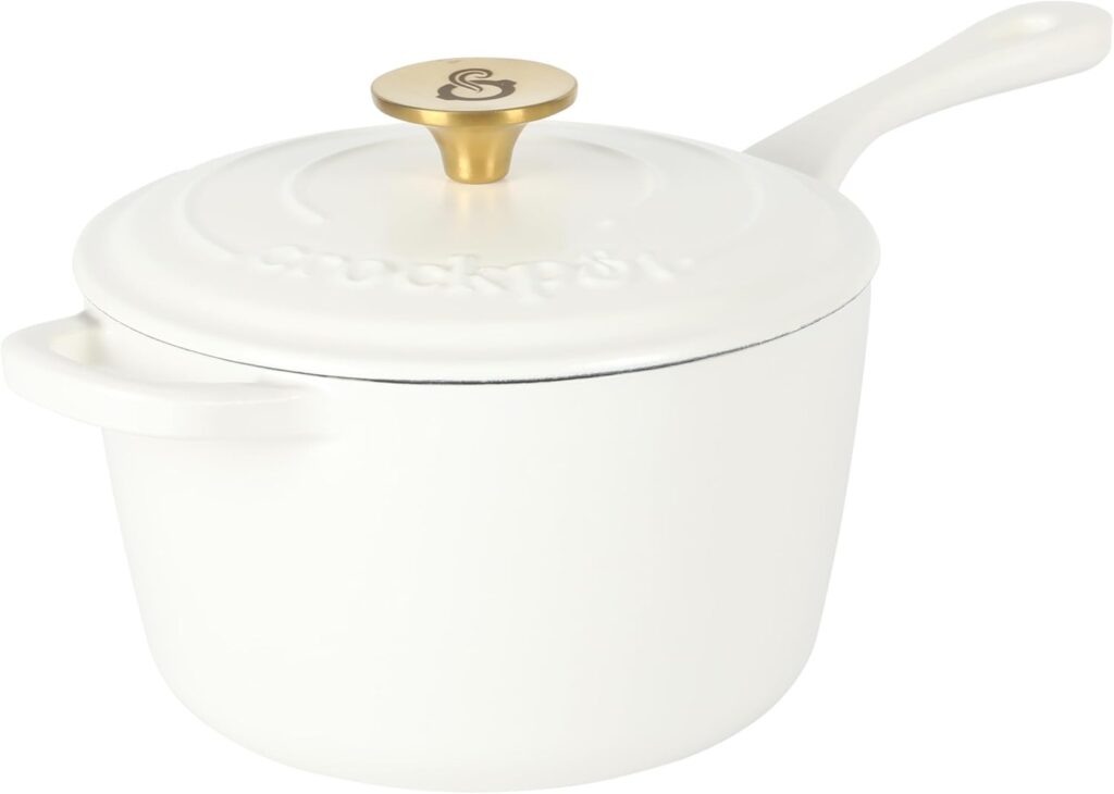 Crock-Pot 3-Quart European Enameled Cast Iron Saucepan with Lid – Matte Linen White, Durable Oven Safe Cookware