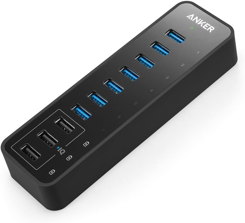 Anker USB Hub, USB 3.0 Hub, 10 Port 60W Data Hub, with 7 USB-3.0 Ports, 3 PowerIQ Charging Ports, Compatible with MacBook, iMac, Dell XPS, Surface Pro, iPhone, iPad Air, Galaxy Series, Mobile HDD