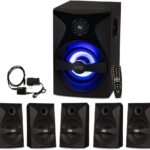 Goldwood Bluetooth 5.1 Surround Sound Home Theater Speaker System with LED Display, FM Tuner, USB/SD Inputs – 6-Piece Set with Remote Control, Black