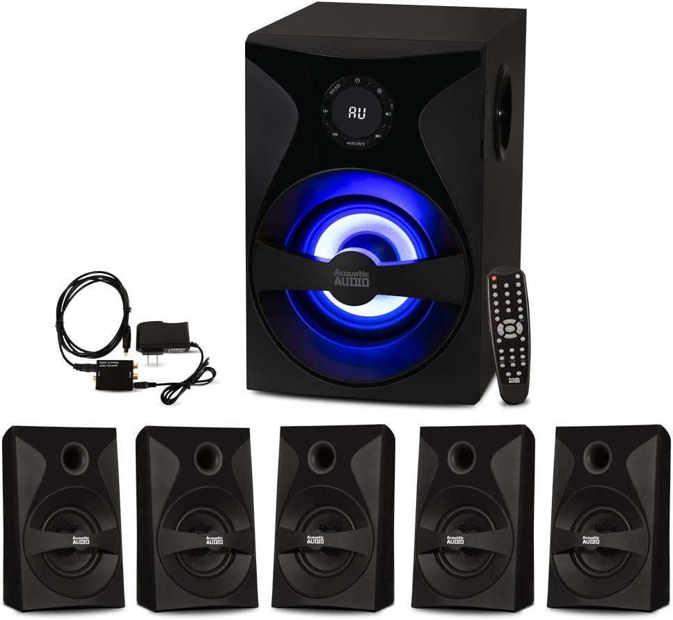 Goldwood Bluetooth 5.1 Surround Sound Home Theater Speaker System with LED Display, FM Tuner, USB/SD Inputs – 6-Piece Set with Remote Control, Black