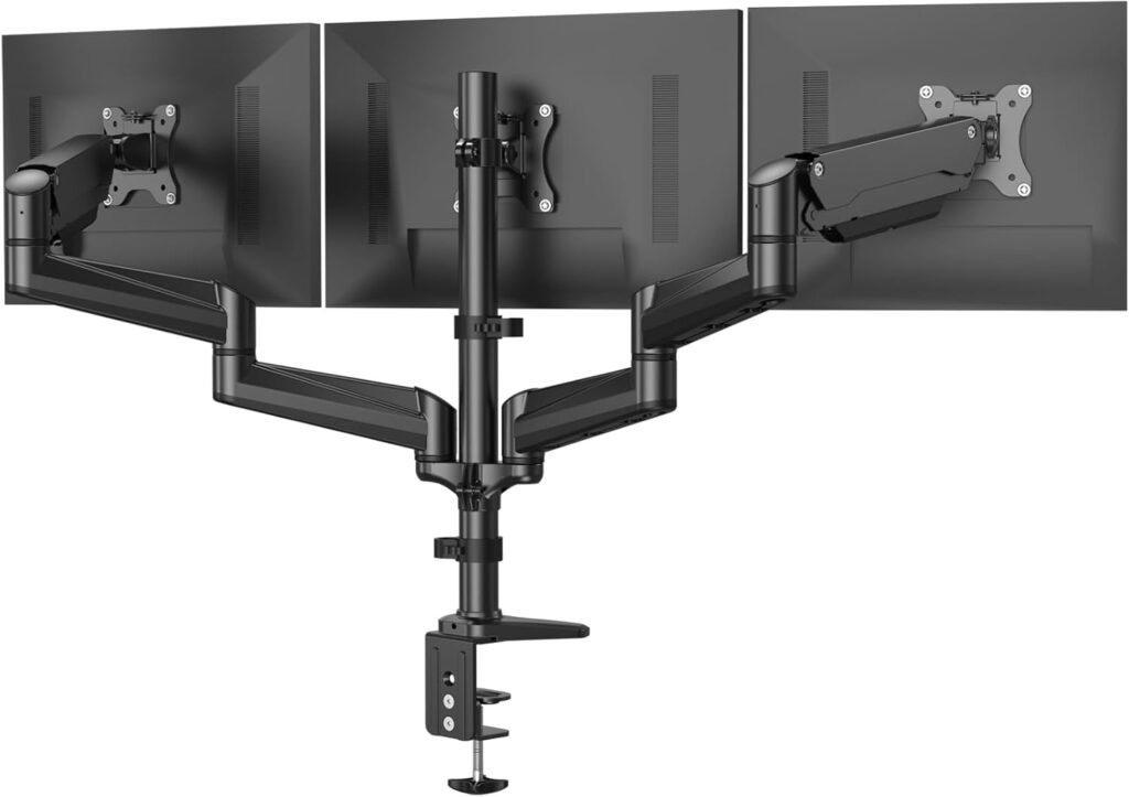 HUANUO Triple Monitor Mount for 17 to 32 inch Screens, Gas Spring Adjustment Triple Monitor Stand with Swivel, Tilt, Rotation, Clamp & Grommet Kit