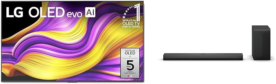 LG 55″ OLED evo G5 4K AI TV, S70TY 3.1.1-Channel Soundbar, Dolby Atmos, Wow Orchestra, Rear Speaker Ready, Wireless Subwoofer