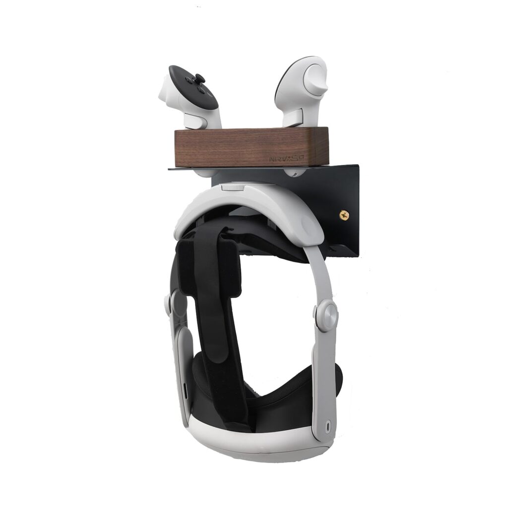 NIRVASH Walnut VR Headset Wall Mount Holder – Wood VR Wall Stand Storage Hook Compatible with Meta Oculus Quest 3S/3/2/Pro/Rift-S, Gaming Controller Hanger