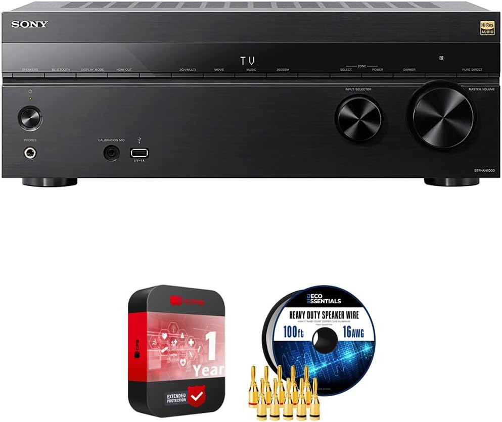 Sony STR-AN1000 7.2 Channel Home Theater 8K A/V Receiver Bundle with Deco Essentials Speaker Banana Plugs 5 Pairs, 100ft Long 16 AWG Speaker Wire and 1 YR CPS Enhanced Protection Pack
