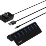 Achoro 7 Ports Powered USB HUB – 2nd Generation 10GB Super Speed External USB Port – USB 3.2 Aluminium USB Hub for Computer, Mac, PCs, Smartphone & Tablets – Computer Multiple USB Hub (Powered Black)
