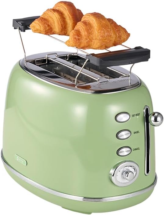 Toaster Retro 2 Slice, Vintage Green Toaster with Lid, with Bread Attachment, Preheat, Defrost And Cancel Functions, 6 Browning Levels (Green)