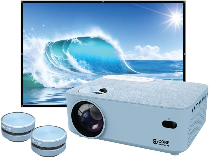 Core Innovations Home Theater Bundle with Projector, 120″ Screen, and Two Mini Bluetooth Wireless Bone Conduction Instant Speakers, Sea Blue