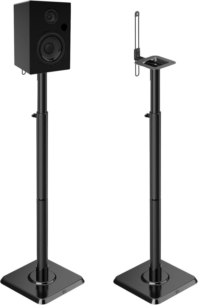 Mounting Dream Black Alloy Steel Speaker Stands, Height Adjustable Bookshelf Speaker Stand Pair, Universal Fit, 11 lbs Capacity, Set of 2 for Bose Polk JBL Sony Yamaha – 42″ Max Height