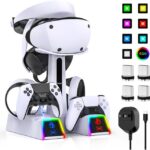 RGB Charging Station for PSVR 2/ PS5 Edge/ PS5 Controller with AC Adapter, PSVR2 Stand with PS VR2 Accessories for PS5VR2 Headset and Dualsense Controllers+ VR2 Charging Dock+ 10 Light Mode