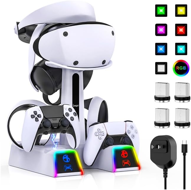 RGB Charging Station for PSVR 2/ PS5 Edge/ PS5 Controller with AC Adapter, PSVR2 Stand with PS VR2 Accessories for PS5VR2 Headset and Dualsense Controllers+ VR2 Charging Dock+ 10 Light Mode