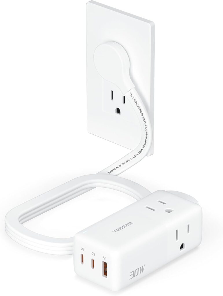 TESSAN USB Charging Station PD 30W, Flat Plug USB C Charger Blocks with 3 AC Outlets, Desktop Phone Fast Charger with 5FT Extension Cord for Phone Tablet Laptop, Travel, Office