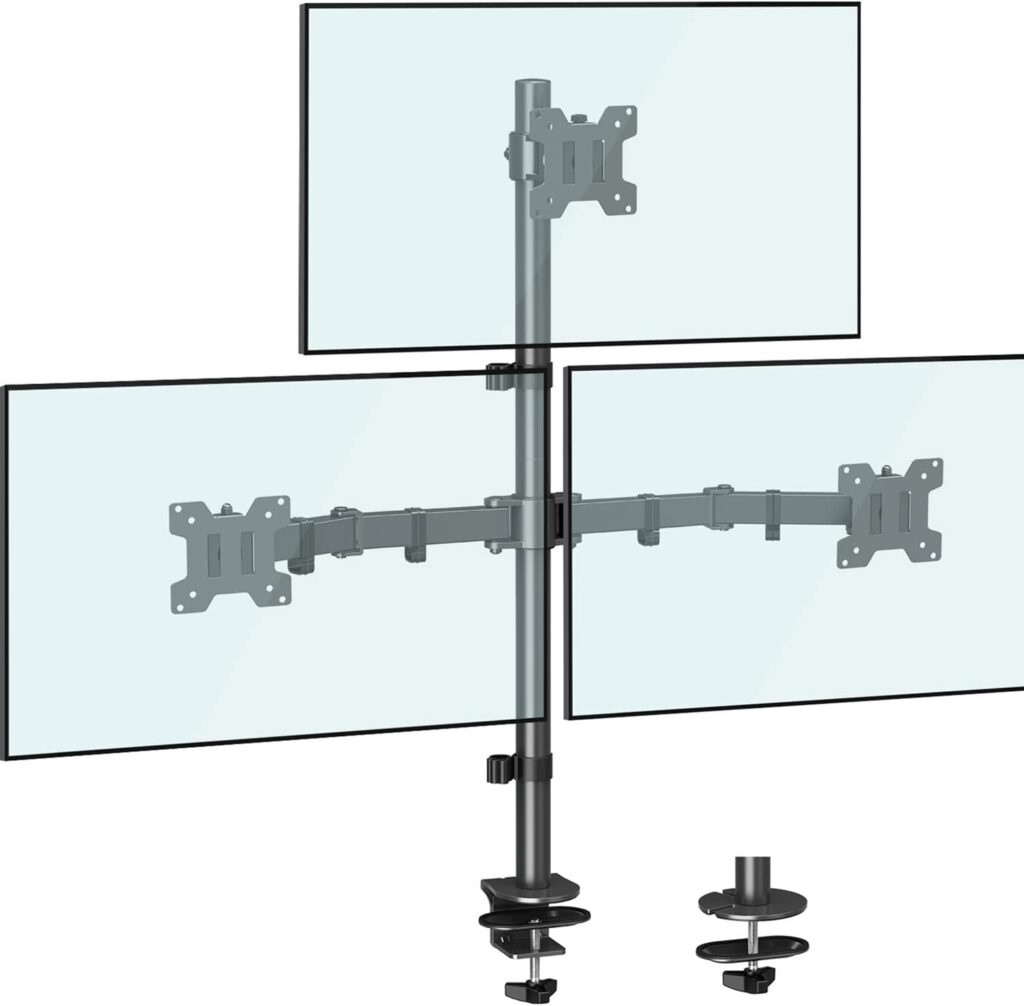 MOUNTUP Triple Monitor Stand, Height Adjustable Monitor Desk Mount Fit for 17 to 32 Inch Computer Screens, Stacked Monitors Arm for 3 Monitors, with C-Clamp and Grommet Base, up to 17.6lbs per Arm