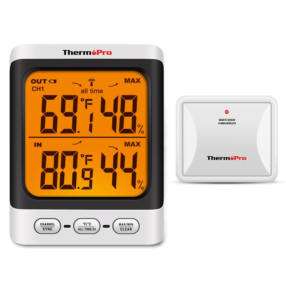 ThermoPro Indoor Outdoor Thermometer Wireless, 500 ft Outside Thermometer with Cold-Resistant Sensor, Outdoor Thermometers for Patio Waterproof with 3.3″ LCD Display, Backlit Outdoor Temperature Gauge