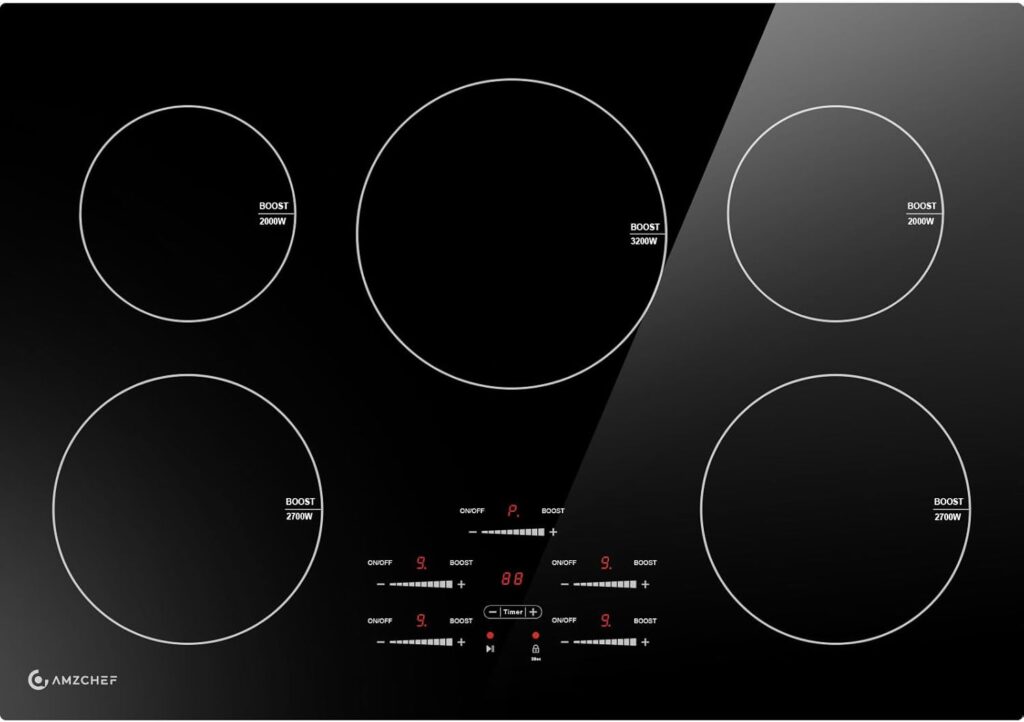 AMZCHEF 30 Inch 10600W Induction Cooktop With 5 BOOST Burners, 9 Levels Electric, Built-in Control by Slide Touchscreen, Child Safety Lock, Independent Timer, No Plug, 240V