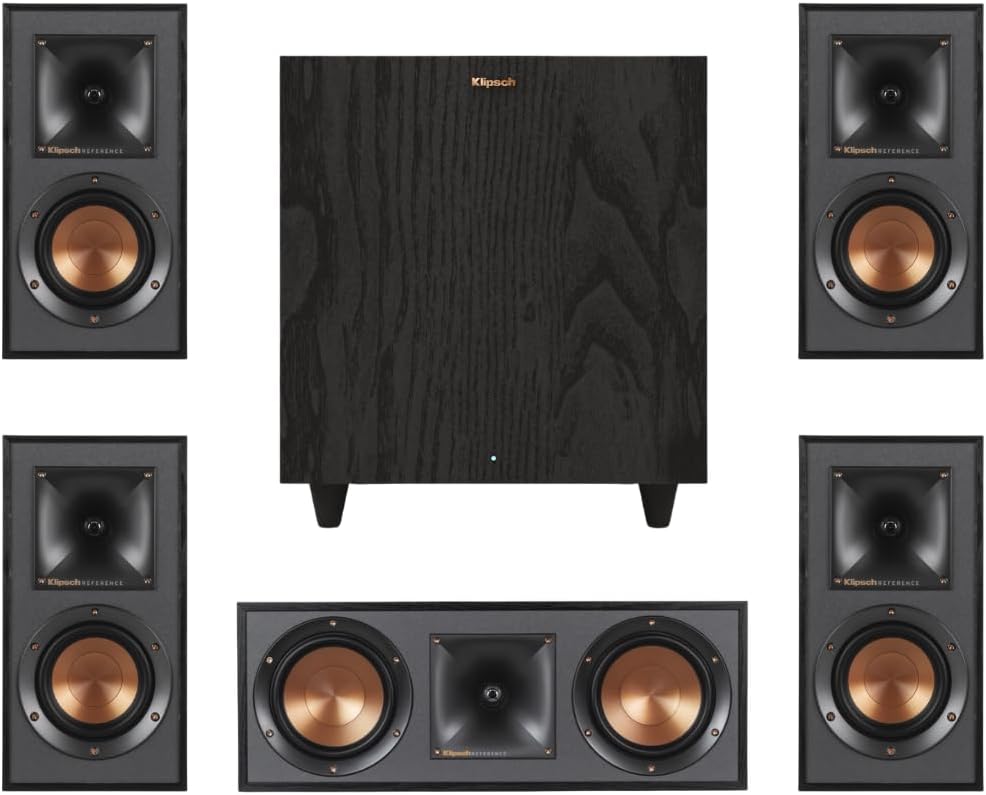 Klipsch Reference Home Theater Speaker Bundle – Includes (4) R-41M Bookshelf Speakers, (1) R-52C Center Channel, and (1) R-80SWi 8″ Wireless Subwoofer for Immersive Surround Sound