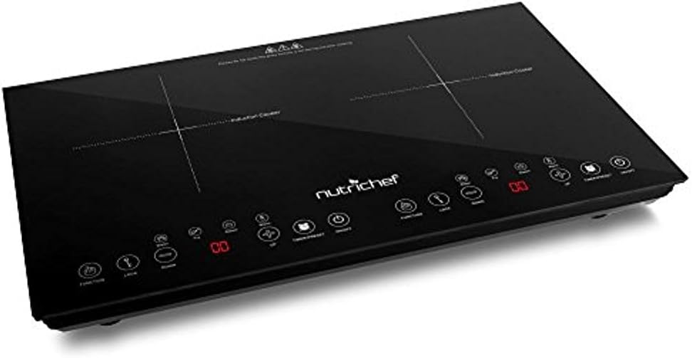 NutriChef Double Induction Cooktop – Portable 120V Digital Ceramic Dual Burner w/ Kids Safety Lock – Works with Flat Cast Iron Pan,1800 Watt,Touch Sensor Control, 12 Controls – PKSTIND48, Black