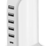 Charging Station for Multiple Devices 40W Upoy, Wall Charger Block 5 USB Ports(Shared 6A), USB Charging Hub Smart IC, Charger Tower with Type-C 3A for iPhone iPad Tablets Smartphones, Home Office Use