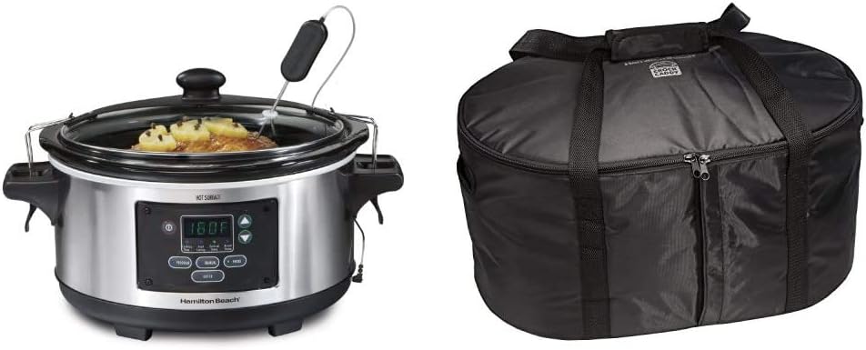 Hamilton Beach Portable 6-Quart Set & Forget Digital Programmable Slow Cooker With Temperature Probe & Travel Case & Carrier Insulated Bag for 4, 5, 6, 7 & 8 Quart Slow Cookers
