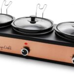 Megachef Triple 2.5 Quart Slow Cooker and Buffet Server in Brushed Copper and Black Finish with 3 Ceramic Cooking Pots and Removable Lid Rests