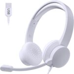USB Headset with Microphone for PC, Wired Headphones with Mic USB Headset with Noise Cancelling Microphone, Computer Headsets with Microphone for Home Office Online Class Teams Skype (White)