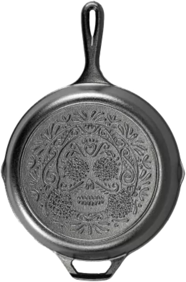 Lodge 10.25 Inch Pre-Seasoned Cast Iron Stamped Skillet – Signature Teardrop Handle – Use in the Oven, on the Stove, on the Grill, or Over a Campfire – Sugar Skull