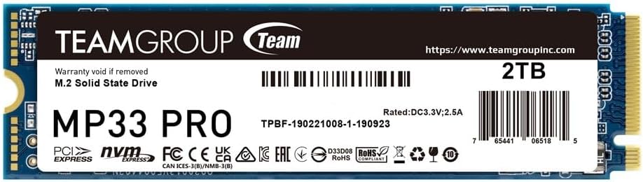 TEAMGROUP MP33 PRO 2TB NVMe Internal SSD: 1.3 PCIe Gen3x4 – M.2 2280 – R/W Speed Up to 3500/3000 MB/s for Gaming, Workstations, Creators – Laptop & Desktop Compatible – OEM Bulk Packaging (Tray)