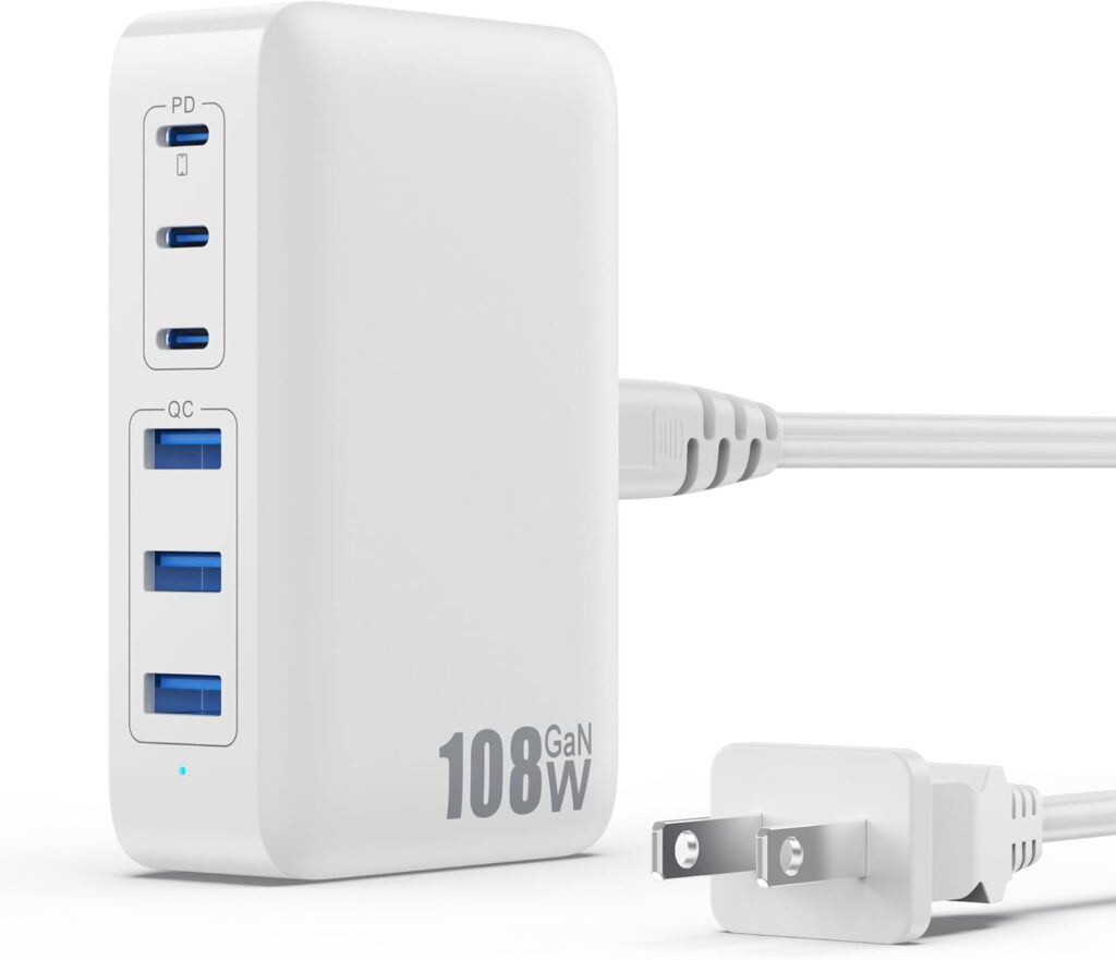 USB C Charger Block Charging Station,108W GaN III 6 Port 3xQC+3xPD Wall Charger Adapter Plug Cube,Super Fast Type C Charging Hub Box for iPhone 17 16 15 14 13 Pro Max iPad Samsung Pixel 5ft Cord-White