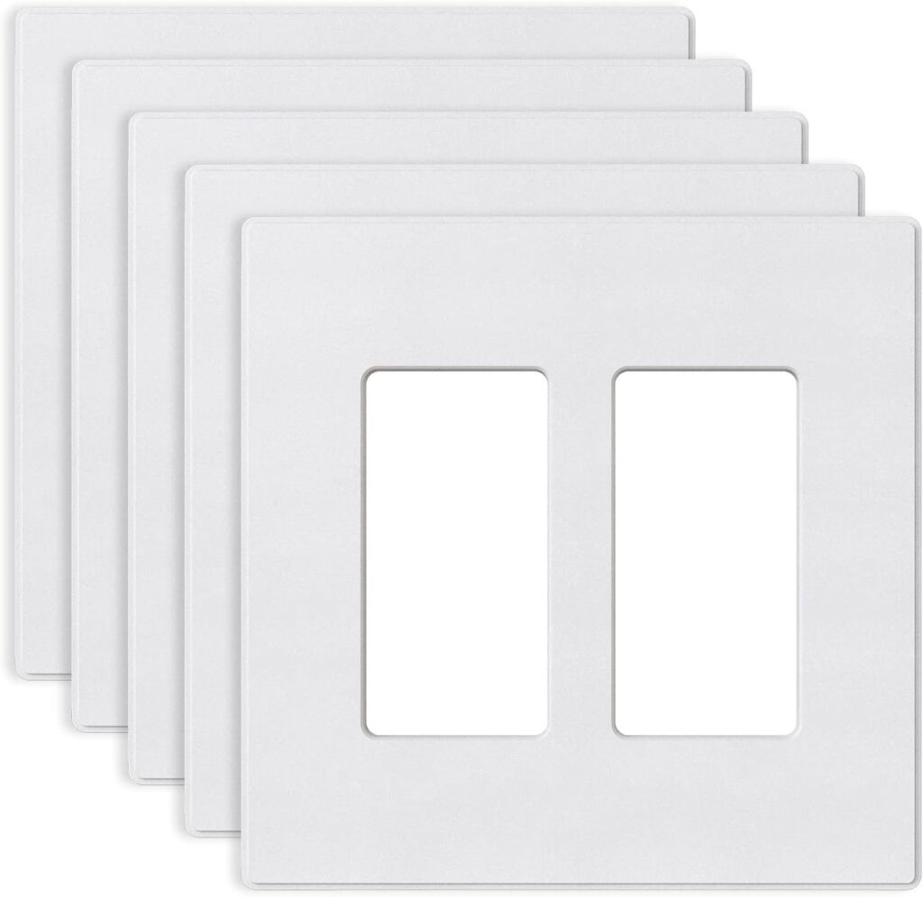 ELEGRP 2-Gang Screwless Decorative Wall Plates, Mid-Size 4.88″ height x 4.94″ length Unbreakable Thermoplastic Faceplate Cover for Decorator Receptacle Outlet & Switch, UL Listed (5 Pack, Matte White)