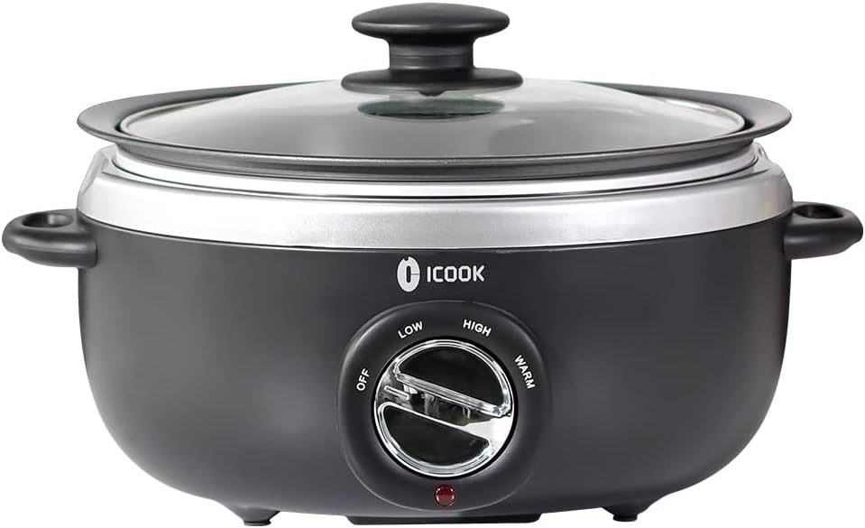 ICOOK USC-35-OP001BK 3.5 Quart Slow Cooker,Aluminium Sear/Sauté Stew Pot Stovetop safe,Dishwasher Safe,Glass Lid,Adjustable Temp,Food Warmer,Black